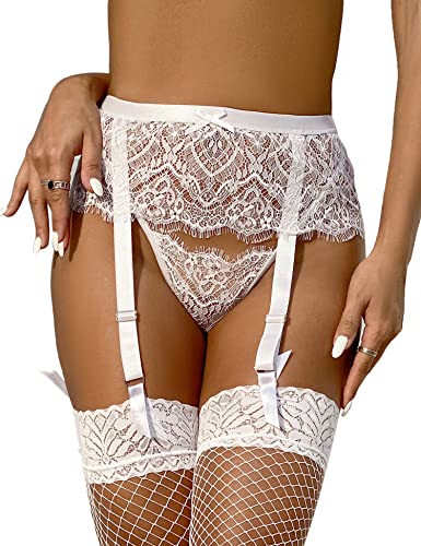 comeondear Strapsgürtel Damen Spitze Strumpfgürtel Strumpfband mit G-String Tanga Breit Strapsen Dessous Set mit 4 halter Schleife Hosenträger mit Clips Große Größen Strapshalter (Weiß XS-S/36-40) von comeondear