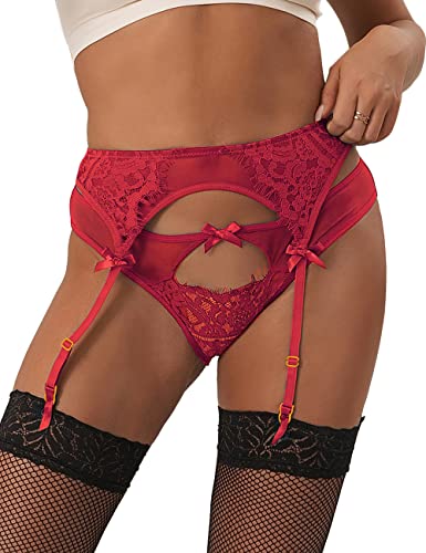 comeondear Strapsgürtel Damen Strumpfhalter mit String Hohe Teille Spitzen Strumpfgürtel Strumpfhalter Garter Belt mit 4 Strapse Metallclip(A-Rot,XL-XXL) von comeondear