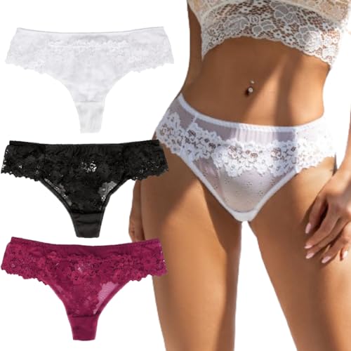 comeondear String Tanga Damen Sexy Dessous Große Größen Spitzen Höschen Elastische Unterwäsche für Frauen Nahtlose Unterhosen Elegante Slips Hipster Thongs Pantys Schwarz+Weiß+Rot,3XL-4XL von comeondear