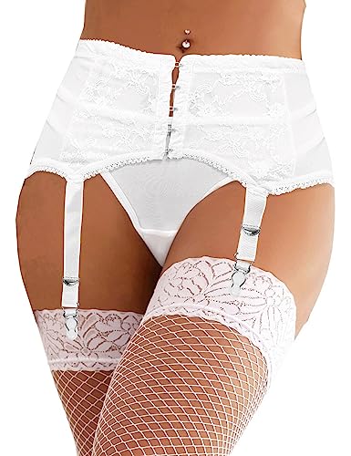 Sexy Strapsgürtel Damen Spitze Breit Strapsen Dessous Set Strumpfhalter Strumpfband Strapshalter 6 Verstellbaren Straps Garter Belt mit Metallclips Strumpfgürtel Große Größen Hüfthalter(Weiß B,M-L) von comeondear