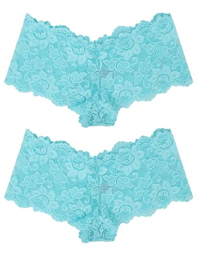comeondear Brazilian Slip Damen Spitze Sexy Hipster Panties Große Größen Erotische Höschen Unterwäsche String Tanga Durchsichtig Low Waist Thong Reizwäsche für Sex Unterhosen Panty(2er Pack Blau,L) von comeondear