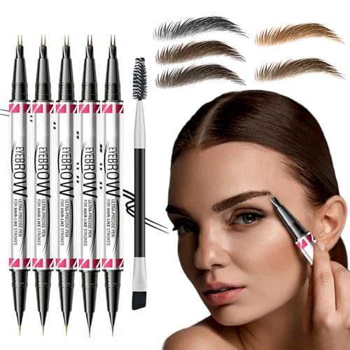 Microblading Augenbrauenstift, 2025 Neu Wischfest Eyebrow Pencil, Wasserfest 2-in-1 Dual-Ended Microblading Augenbrauenstift 3D Eyeliner mit Pinsel mit 2-Fork Tip für Natürliche (5PC) von comepew