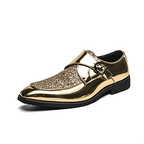 comfortlying Schuhe Kleid Oxford for Männer Slip auf Mönch Strap Schürze Zehen Glänzende Schuhe Pu. Lederschlüsselbeständige Gummi-Sohle-Block-Ferse-Arbeit (Color : Gold, Size : 44 EU) von comfortlying