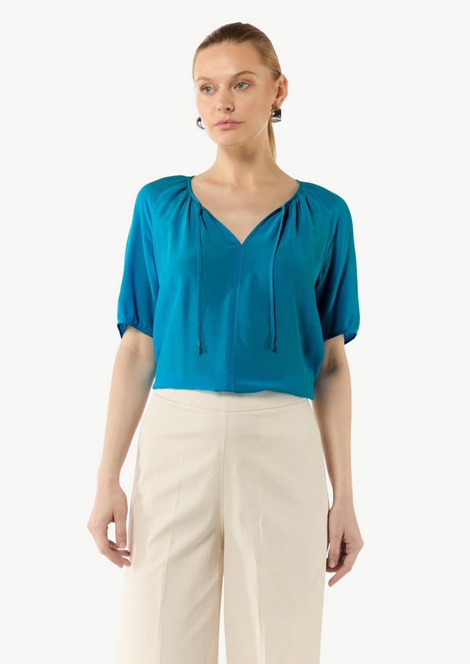 comma Kurzarmbluse Bluse Crêpe-Bluse mit voluminösen Ärmeln und Raffung von comma