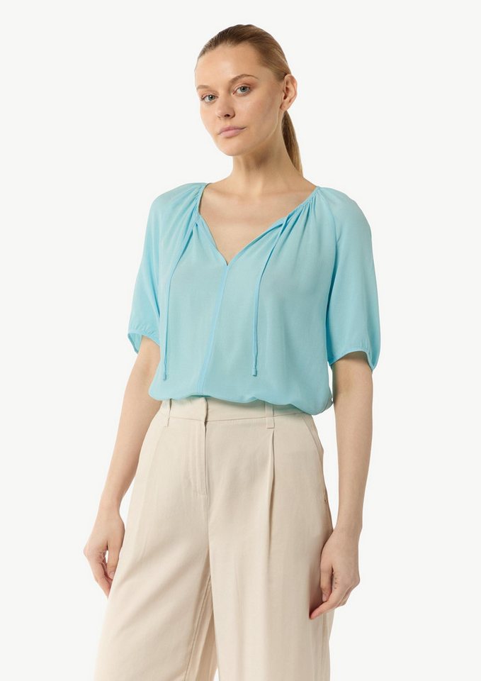 comma Kurzarmbluse Bluse Crêpe-Bluse mit voluminösen Ärmeln und Raffung von comma
