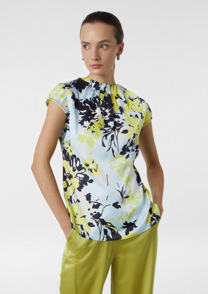 comma Kurzarmbluse Bluse Gemusterte Satin-Bluse mit Raffung von comma