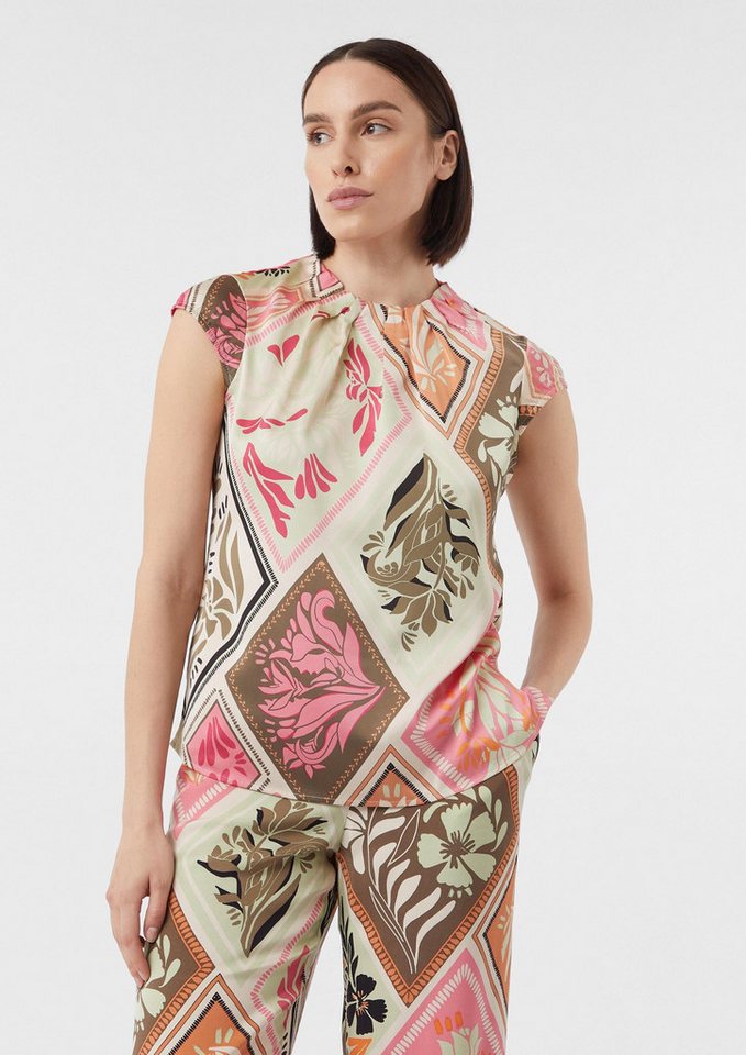 comma Kurzarmbluse Bluse Gemusterte Satin-Bluse mit Raffung von comma