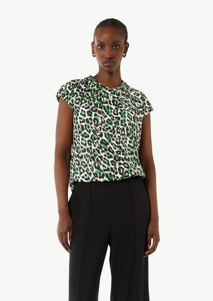 comma Kurzarmbluse Bluse Gemusterte Satinbluse mit Raffung von comma