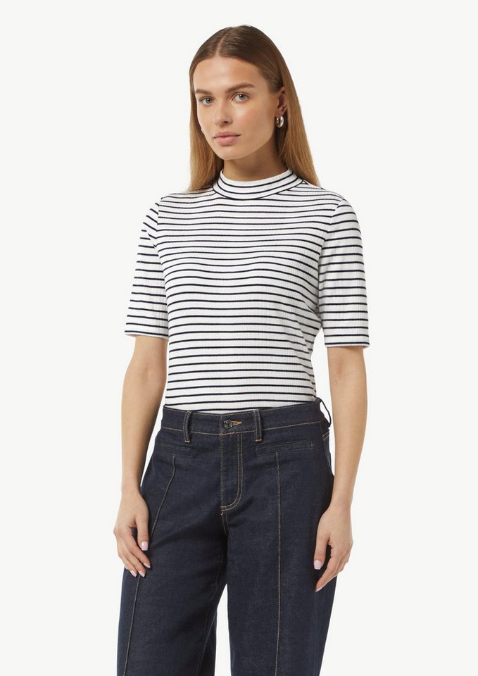 comma Kurzarmshirt T-Shirt Geripptes Jersey-Shirt mit Stehkragen von comma