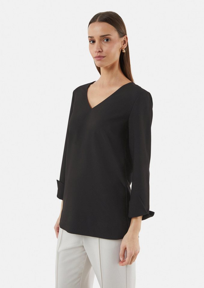 comma Langarmbluse Bluse Lange Crêpe-Bluse mit V-Ausschnitt und seitlichen Schlitzen von comma