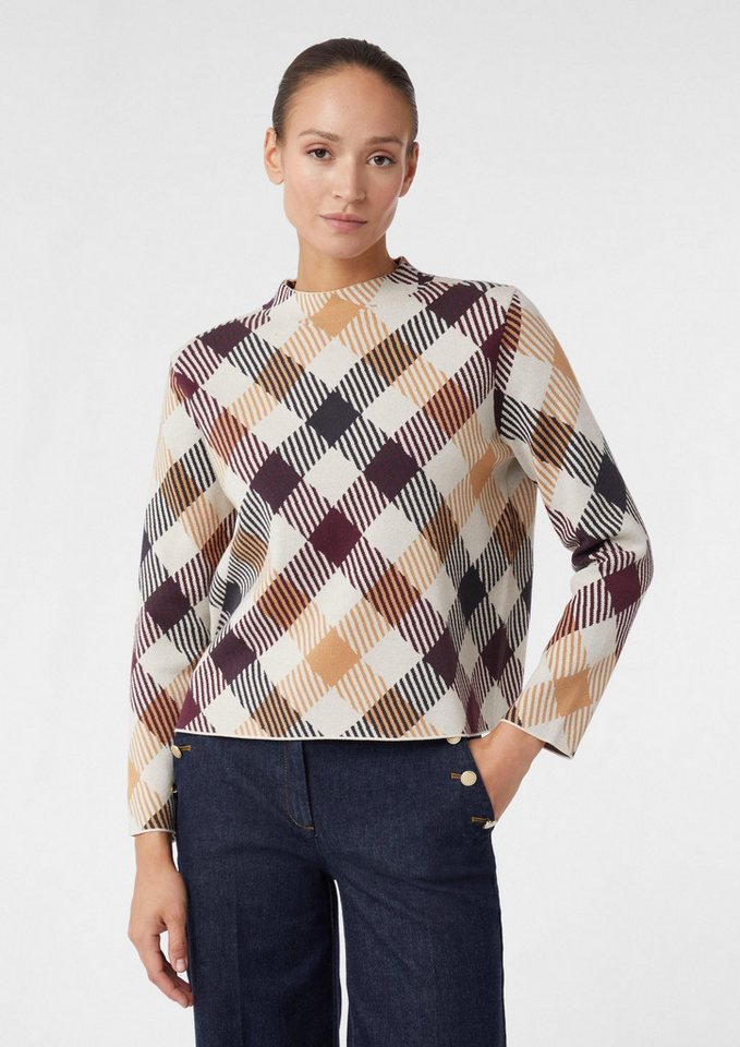 comma Longpullover Strickpullover Karo-Strickpullover aus Viskosemix mit Stehkragen von comma
