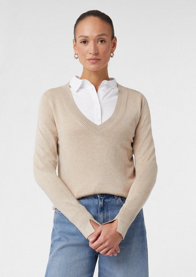 comma Longpullover Strickpullover Strickpullover mit V-Ausschnitt und Rippdetails von comma
