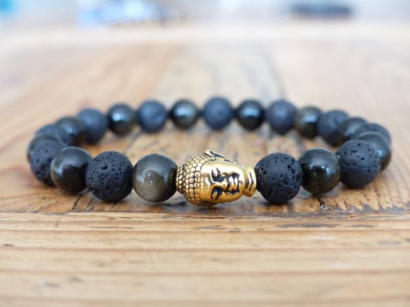 Herrenarmband Aus Obsidian-Lavastein - Mit Edelsteinperlen Natursteinarmband Gold Buddha Vatertag von commedesenfantsEU
