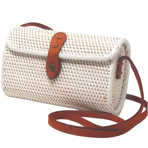 como sato Rattan Tasche Wallet weiß mit langem Leder Riemen geflochten Damen Korbtasche Umhängetasche Strohtasche Crossbody bag 21cm (weiß) von como sato