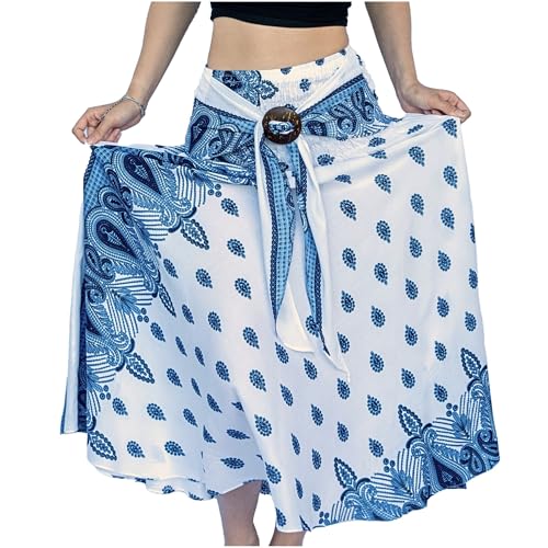 como sato Rock Damen Röcke Damen Maxi Skirt Faltenrock Strandrock Freizeitrock 2 in 1 Elegant A-Line Beach Skirt Elastic Waistband Einheitsgröße (Viskose, Weiß Blau) Damenkleid Sommerkleid von como sato