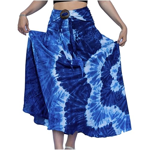 como sato Rock Damen Röcke Damen Maxi Skirt Faltenrock Strandrock Freizeitrock 2 in 1 Elegant A-Line Beach Skirt Elastic Waistband Einheitsgröße (Viskose, blau Batik) Sommerkleid Damenkleid von como sato