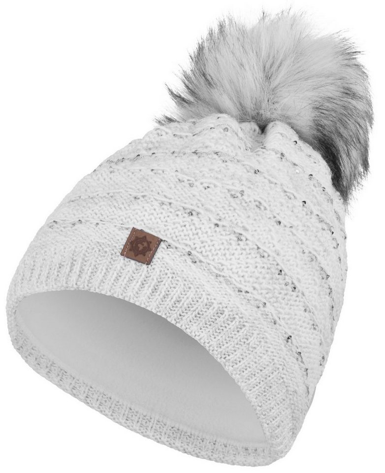 compagno Bommelmütze (1-St) Bommelmütze Wintermütze Damen Pailetten Fleecefutter Beanie von compagno