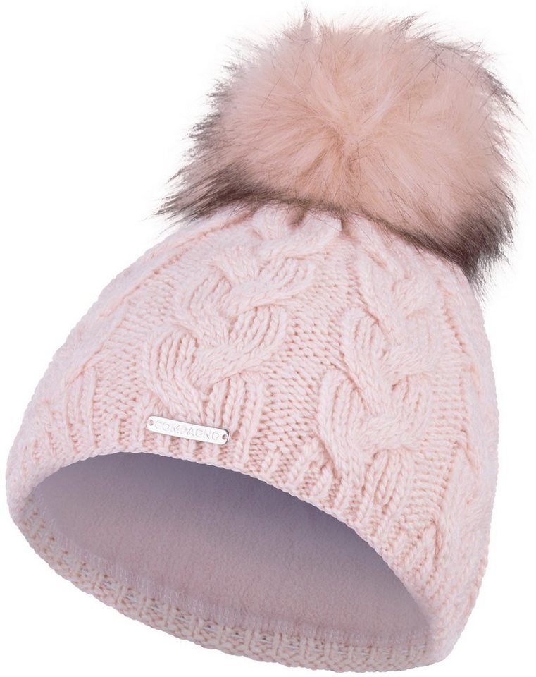 compagno Bommelmütze (1-St) Bommelmütze Wintermütze Zopf-Strickmuster Damen Fleecefutter Beanie von compagno