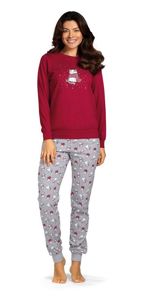 comtessa Schlafanzug Comtessa Damen Schlafanzug Langarm Katzen Rot Bündchen von comtessa
