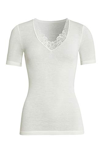 con-ta Kurzarm Shirt, Basic für Damen, mit eleganter Spitze, aus weicher Wolle und Modal, dezentes Oberteil, in Wollweiß, Größe: 38 von con-ta