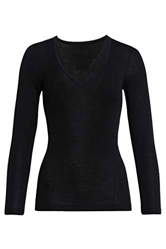 con-ta Langarm Shirt, Basic für Damen, mit eleganter Spitze, dezentes Oberteil, aus weicher Wolle und Modal, in Schwarz, Größe: 38 von con-ta