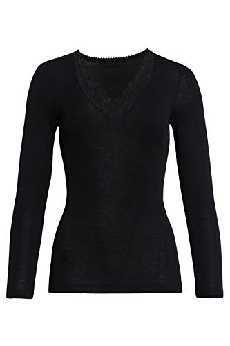 con-ta Langarm Shirt, Basic für Damen, mit eleganter Spitze, dezentes Oberteil, aus weicher Wolle und Modal, in Schwarz, Größe: 40 von con-ta