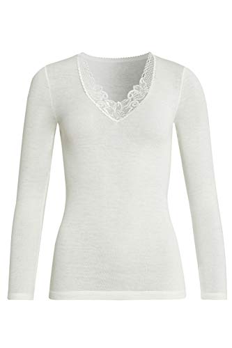 con-ta Langarm Shirt, Basic für Damen, mit eleganter Spitze, dezentes Oberteil, aus weicher Wolle und Modal, in Wollweiß, Größe: 44 von con-ta