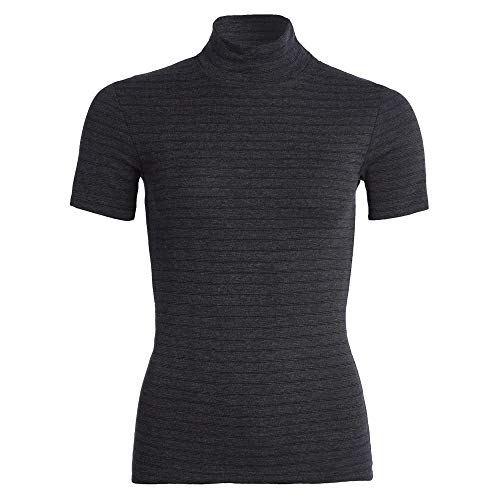 con-ta Thermo Kurzarm Shirt mit Stehkragen, geringeltes Damen T-Shirt mit natürlicher Baumwolle, wärmeisolierende Unterwäsche, Damenbekleidung, schwarz Geringelt, Größe: XS von con-ta