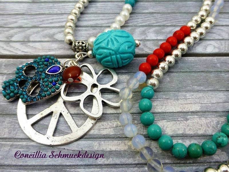 Bettelkette Peace Skull Blume Türkis Silber Rot von concilliadesign