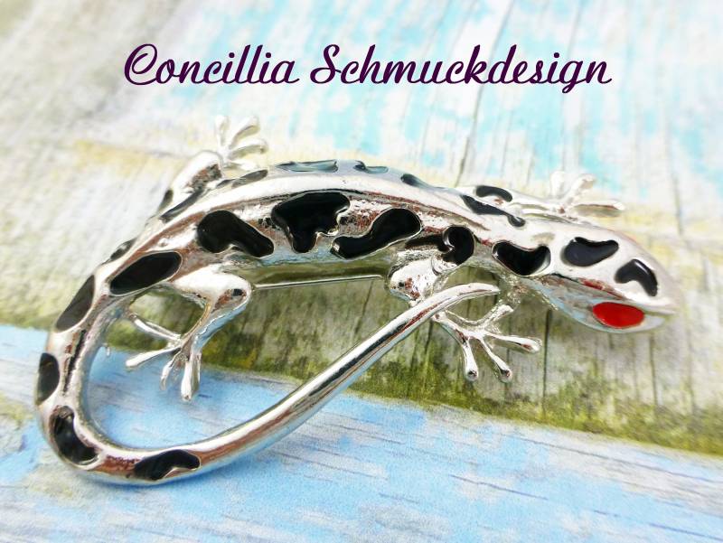 Brosche Eidechse Gecko Silber Schwarz Rot von concilliadesign
