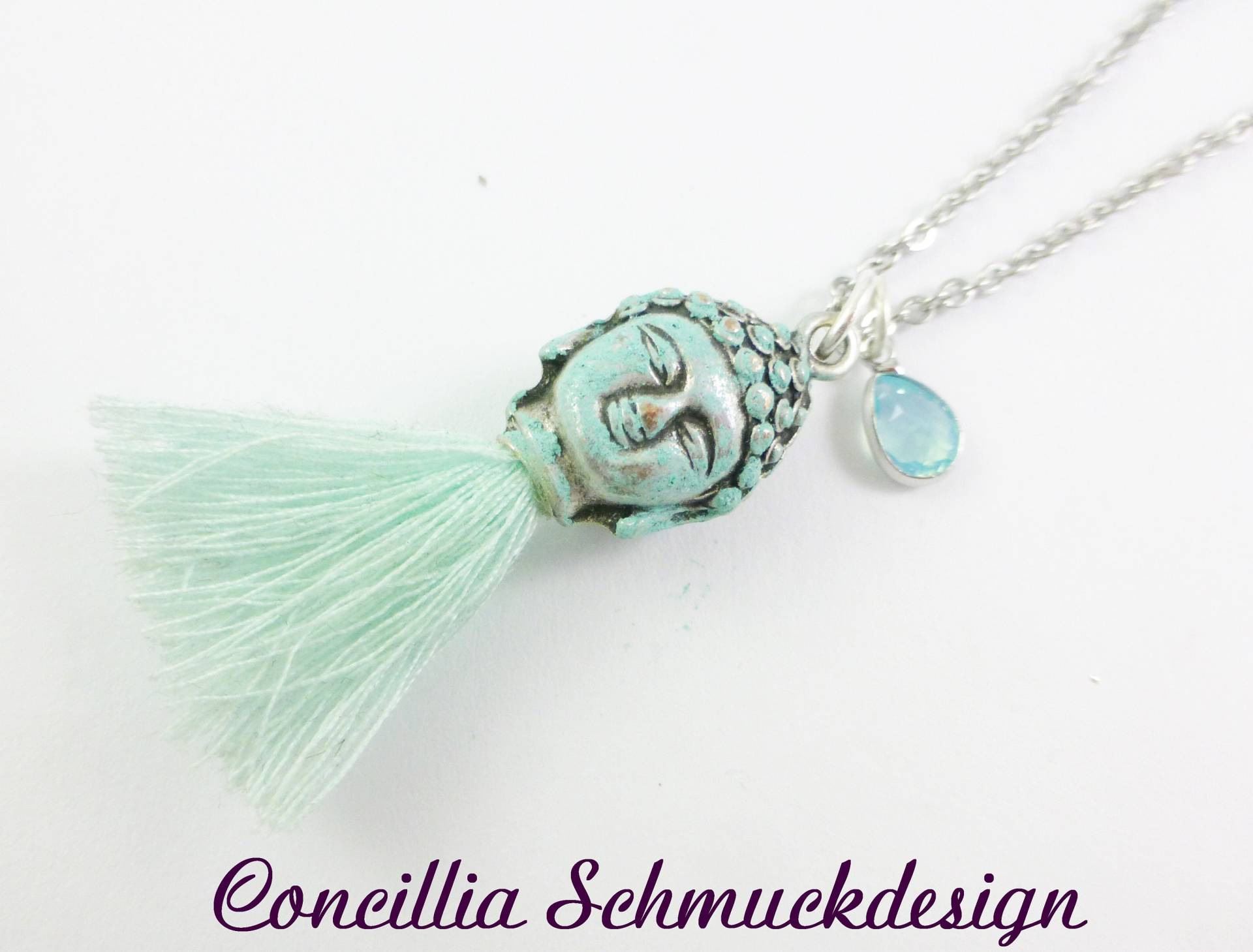 Kette Buddhakopf Mint Patiniert Mit Quaste von concilliadesign