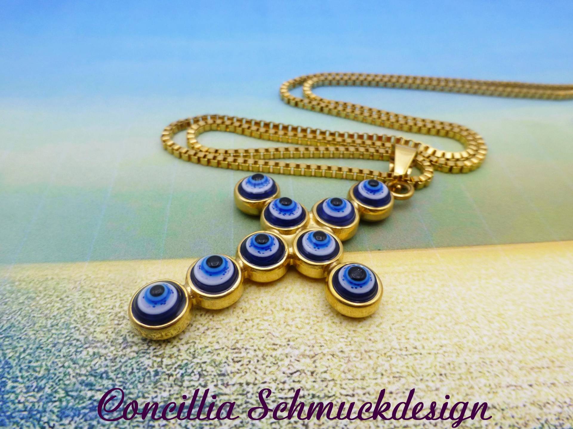 Kette Kreuz Gold Blau Griechisch Glücksauge von concilliadesign