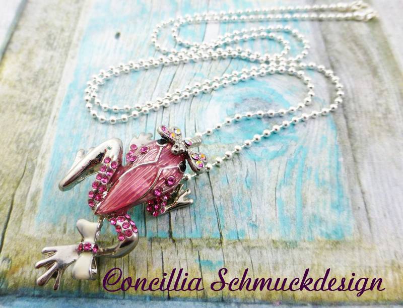 Kette Und Brosche Rosa Frosch Mit Libelle Kugelkette von concilliadesign