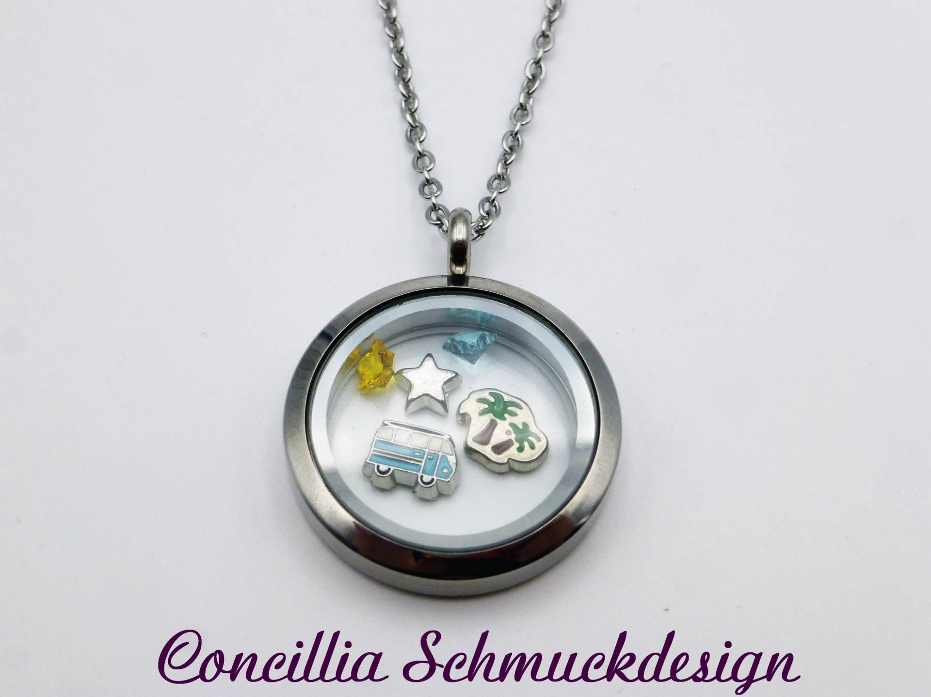 Medaillon Glas Aufklappbar Bus Palme Sterne Urlaub Kette Edelstahl von concilliadesign