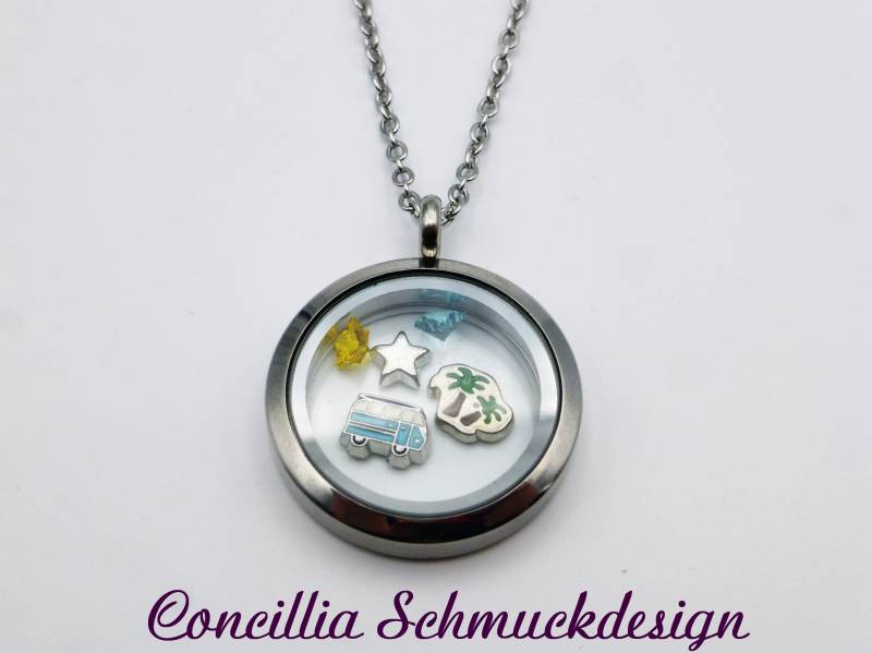 Medaillon Glas Aufklappbar Bus Palme Sterne Urlaub Kette Edelstahl von concilliadesign