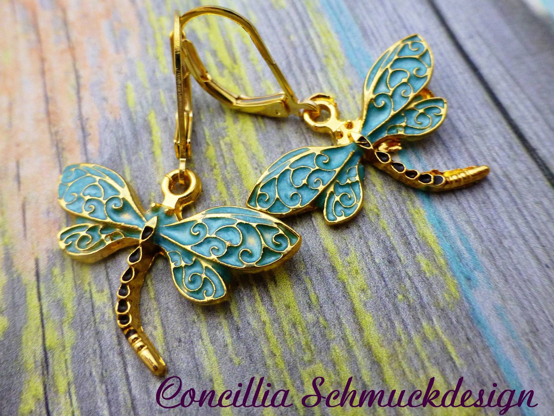 Ohrringe Libelle Türkis Goldfarben Vintage von concilliadesign