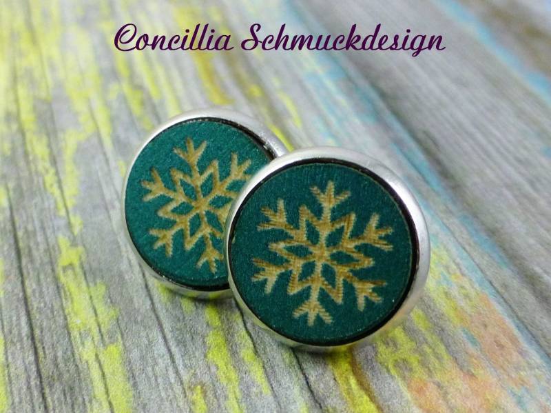 Ohrstecker Edelstahl Schneeflocke Holz Petrol von concilliadesign