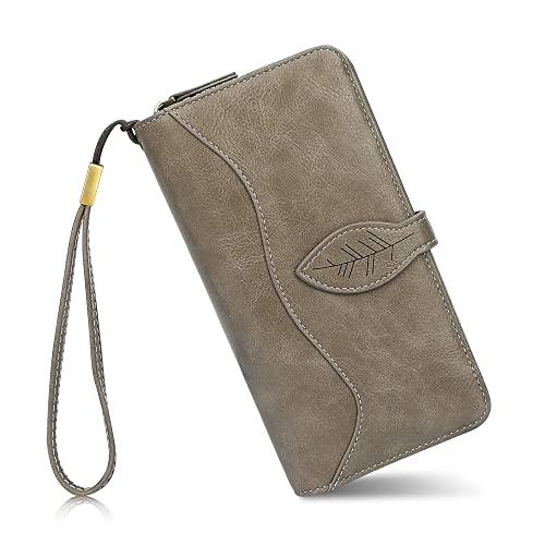 conisy Geldbörse Damen Gross, Portemonnaie Damen Leder mit RFID Schutz, Lang Clutch Geldbeutel Damen mit Handyfach (Grau) von conisy