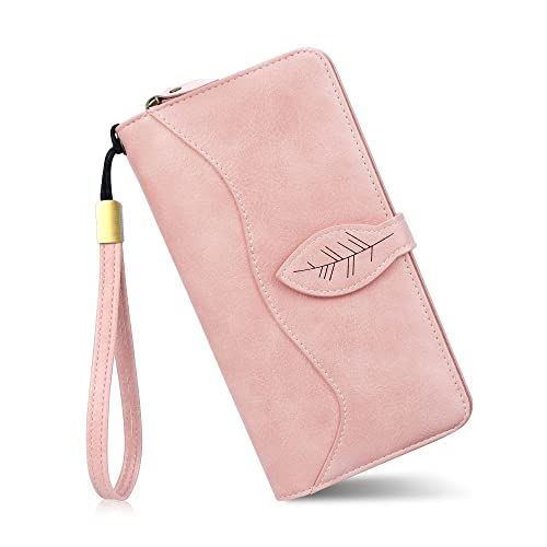 Conisy Geldbörse Damen Gross, Portemonnaie Damen Leder mit RFID Schutz, Lang Clutch Geldbeutel Damen mit Handyfach (Rosa) von conisy