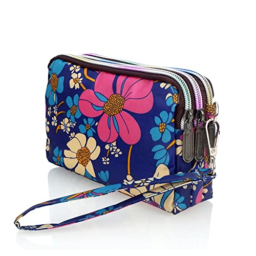 conisy Damen Clutch Geldbörse mit Ethno Blumen Muster, Multifunktional Crossbody Kleine Umhängetasche Damen Unterarmtasche (Blumen blauer Hintergrund) von conisy