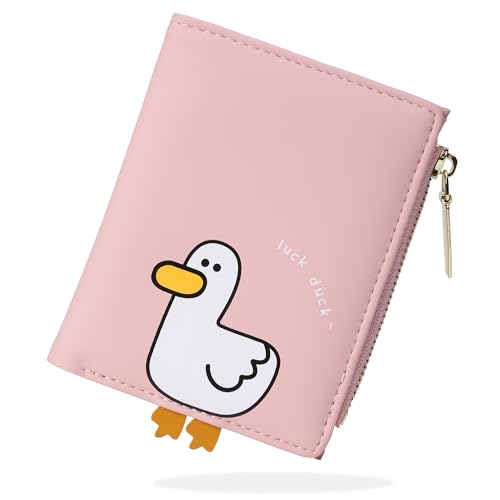 conisy Süß Geldbörse Damen Klein, Bifold Leder Portemonnaie Damen mit RFID Schutz, Geldbeutel Mädchen mit Reißverschluss Münzfach (Ente Rosa) von conisy