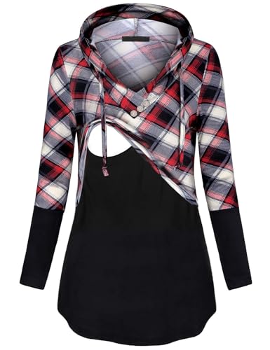 connche Quinee Damen Langarm Plaid Colorblock Stillpullover Hoodie Sweatshirts, Schwarz Rot kariert, Mittel von connche