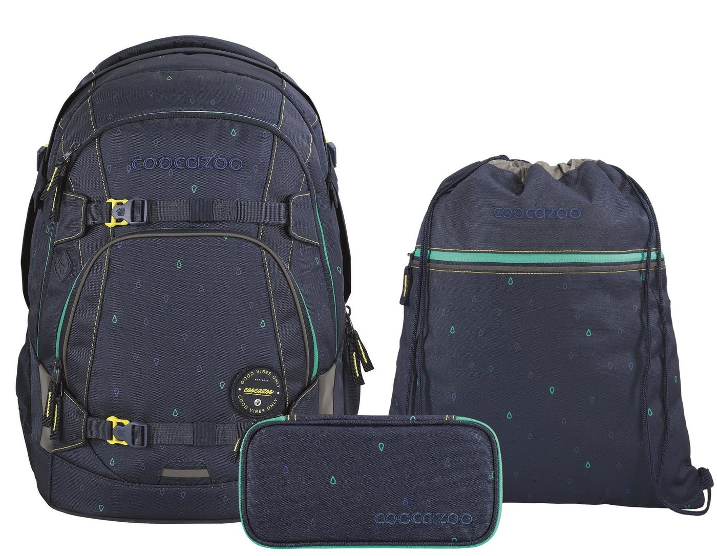 coocazoo Schulranzen Schulrucksack-Set MATE Happy Raindrops 3-teilig (3-teilig), ergonomisch, reflektiert, Körpergröße: 135 - 180 cm von coocazoo