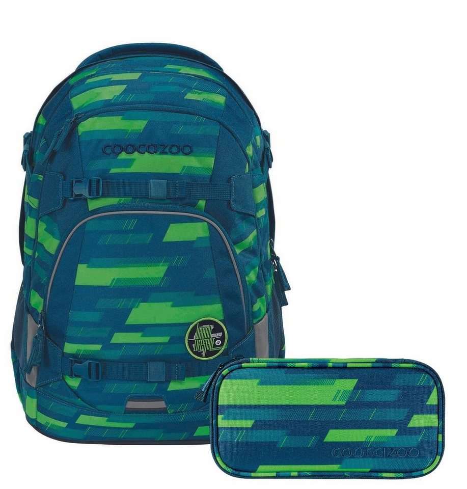 coocazoo Schulranzen Schulrucksack-Set MATE Lime Stripe 2-teilig (Rucksack, Mäppchen), ab 5. Klasse, ergonomisch, reflektiert von coocazoo