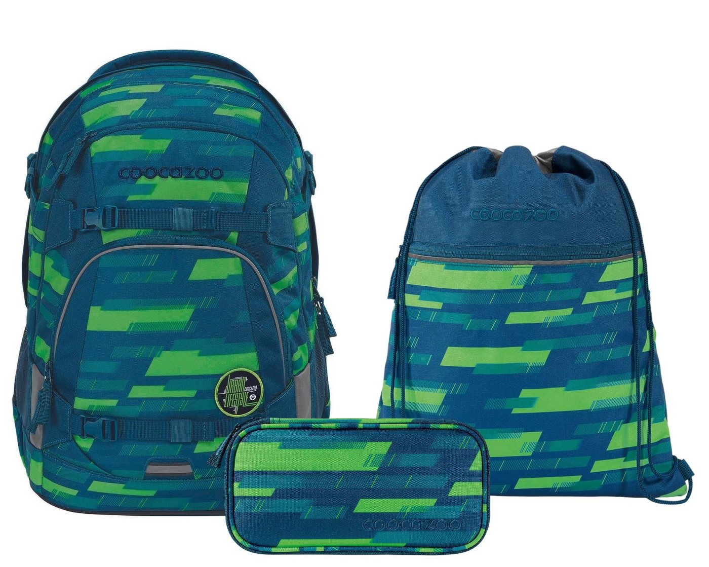 coocazoo Schulranzen Schulrucksack-Set MATE Lime Stripe 3-teilig (3-teilig), ab 5. Klasse, ergonomisch, reflektiert von coocazoo