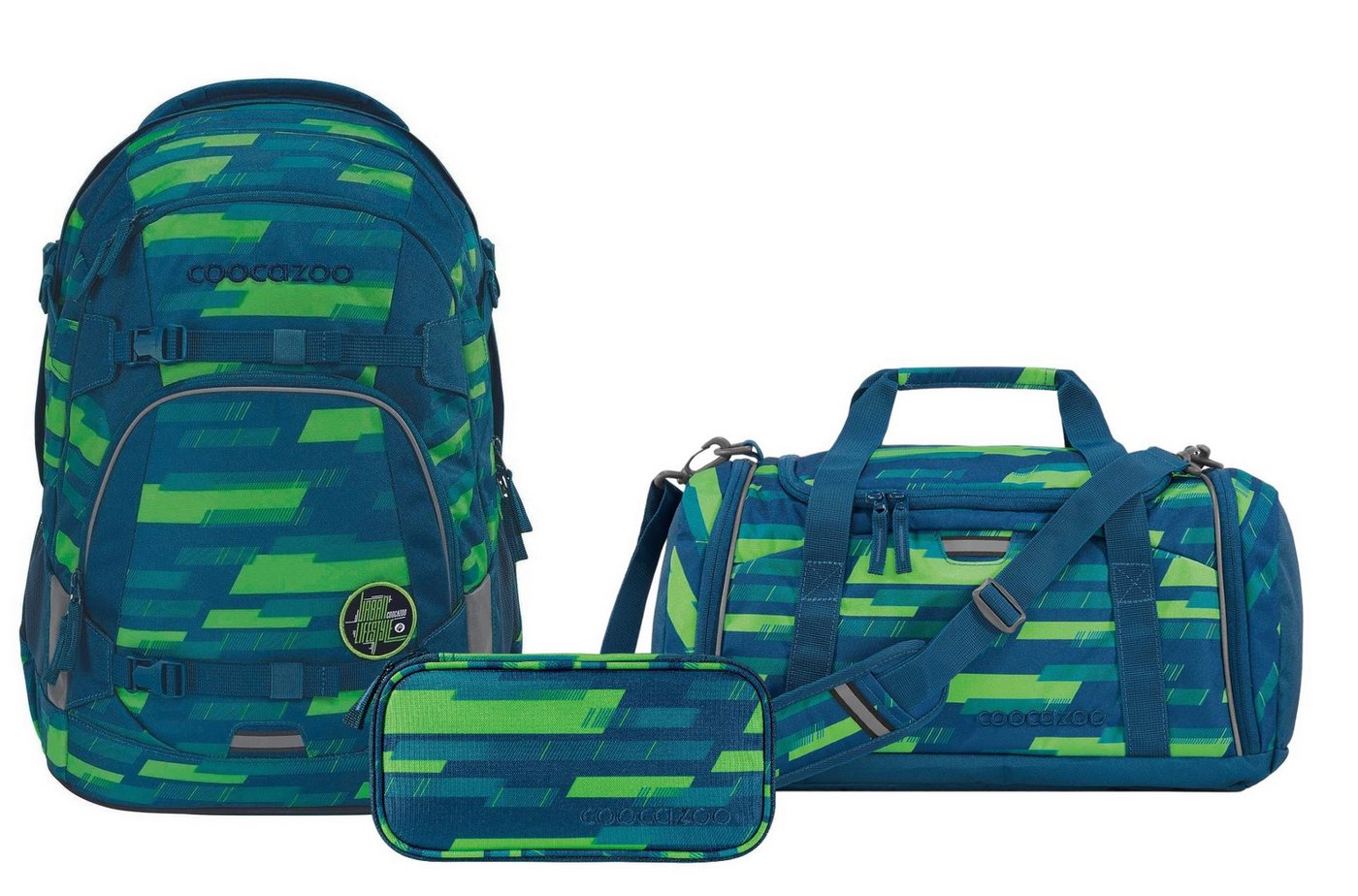 coocazoo Schulranzen Schulrucksack-Set MATE Lime Stripe 3-teilig (Rucksack, Mäppchen, Sporttasche), ab 5. Klasse, ergonomisch, reflektiert von coocazoo