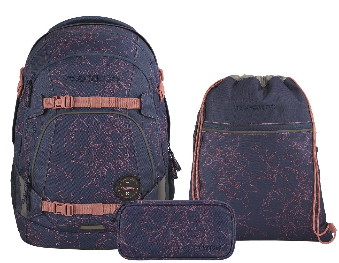 coocazoo Schulranzen Schulrucksack-Set MATE Sweet Rose 3-teilig (3-teilig), ergonomisch, reflektiert, Körpergröße: 135 - 180 cm von coocazoo