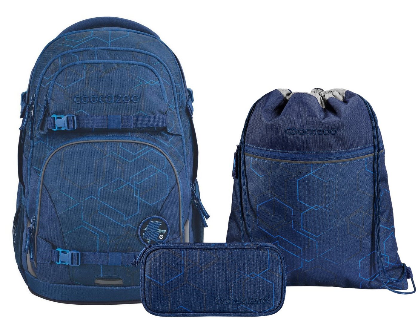 coocazoo Schulranzen Schulrucksack-Set PORTER Blue Motion 3-teilig (3-teilig), ergonomisch, Körpergröße: 135 - 180 cm, reflektiert von coocazoo