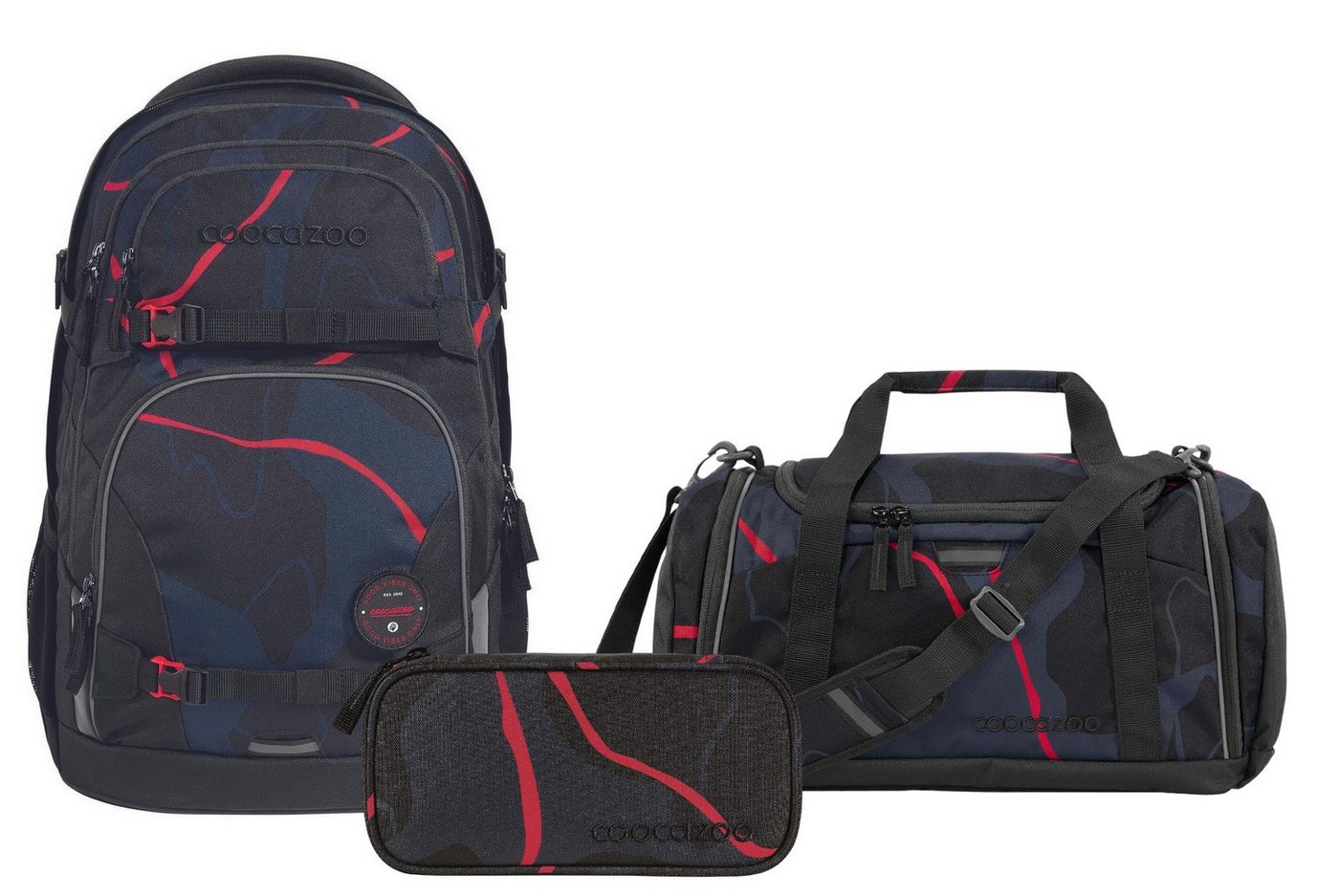 coocazoo Schulranzen Schulrucksack-Set PORTER Lava Lines 3-teilig (Rucksack, Mäppchen, Sporttasche), ergonomisch, Körpergröße: 135 - 180 cm, reflektiert von coocazoo