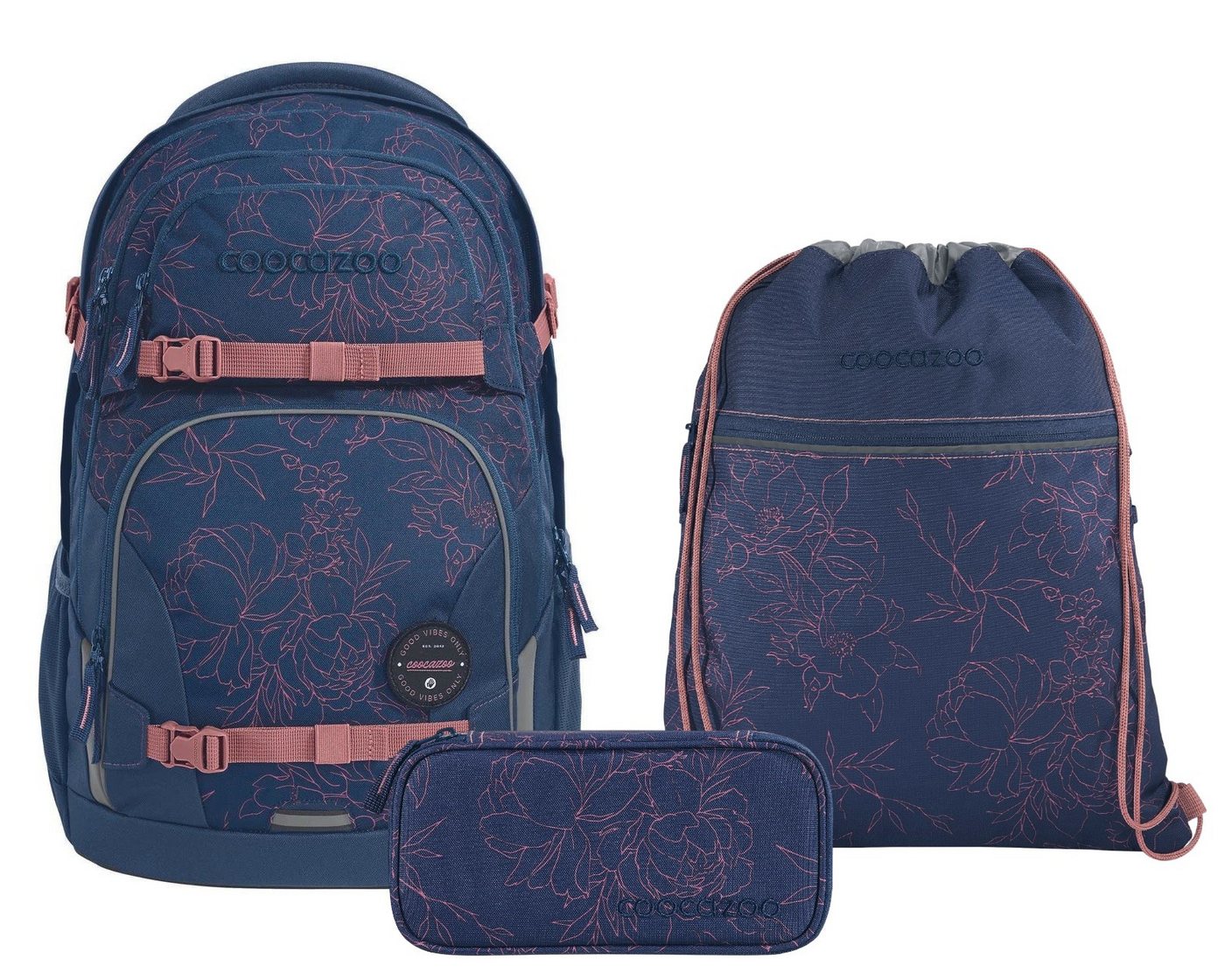 coocazoo Schulranzen Schulrucksack-Set PORTER Sweet Rose 3-teilig (3-teilig), ergonomisch, Körpergröße: 135 - 180 cm, reflektiert von coocazoo